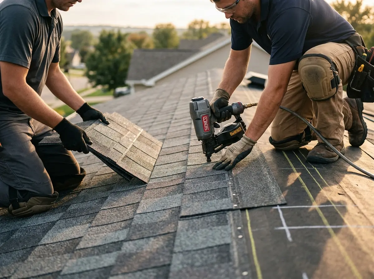 Professional roofer working on a residential roof in Buxton